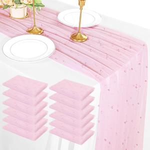 Fivenl 12 Pack 10FT Pearl Table Runner 30x120 Inch Pink Tulle Fabric Boho Rustic Sheer Table Runners Lace Table Cloth for Wedding Bridal Shower Birthday Party Arch Veil Dessert Table Decor (Pink)