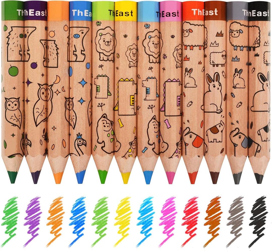 ThEast 12 Short Colored Pencils for Kids, Cute Animal Toddlers Crayons Color Pencil with Sharpener, Preschool Party Favors, Pre-Sharpened(Pack of 1)