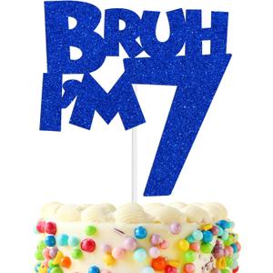 Blue Glitter Bruh I'm 7 Cake Topper, It's My Birthday Bro, Cheers to 7 Years/Hello 7 for Big Brother, Happy 7th Birthday Party Decorations Supplies for Kids Boys