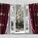 Ambesonne Winter Tapestry, Open Window View to a Snowy Winter Scenery Pattern Drapes Frosty, Wide Wall Hanging for Bedroom Living Room Dorm, 80" X 60", Maroon White