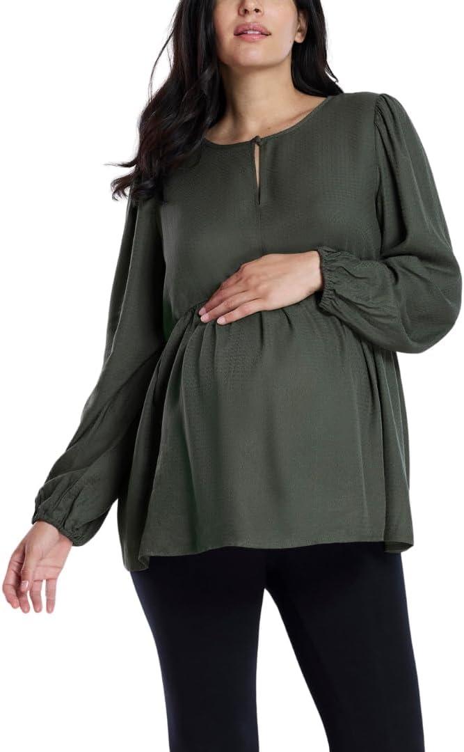 Motherhood Maternity Womens Long Sleeve Empire Waist Keyhole Woven Pregnancy Blouse (Medium, Deep Depths)