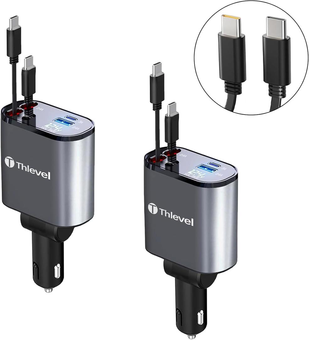 Retractable Car Charger 4 in 1 USB C Fast Charger with Dual Type-C Cables (31.5 inch) with Voltage Display Compatible with iPhone 16/15 Pro Max Samsung Galaxy Note(2 Pack)