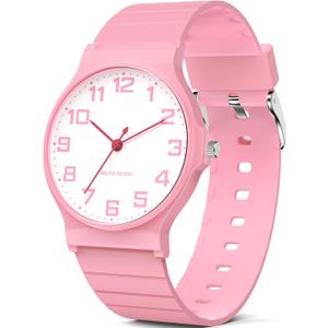 Kids Analog Watch Boys Girls, 30M Waterproof, Sports Watch for Boys, Easy to Read Children's Thin Dial Wrist Watches with Soft Band, for Ages 5-15 Kids Great Birthday Gifts Christmas Day (Pink-White Dial)