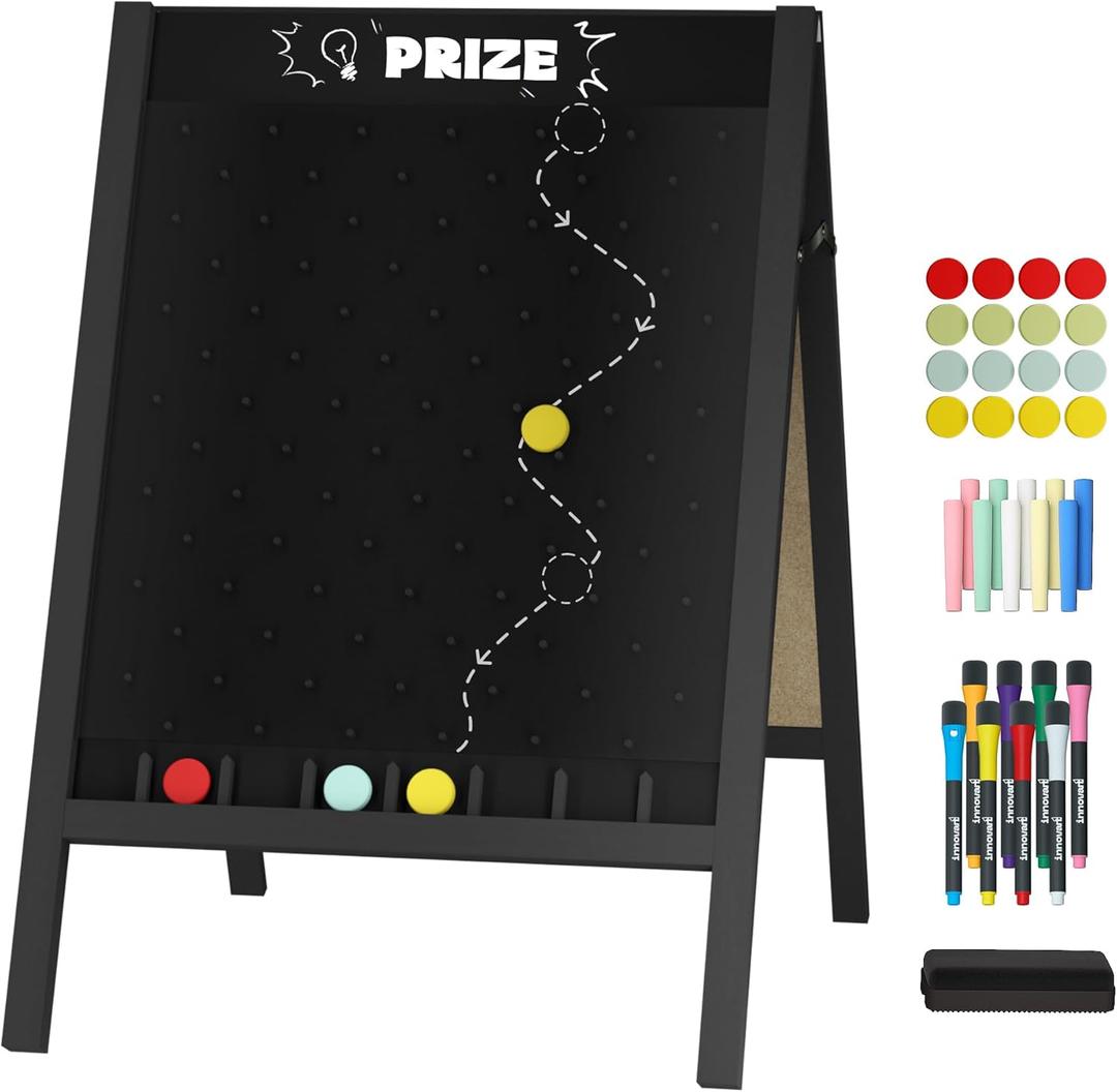INNOVART A-Frame Chalkboard Sign, Sidewalk Sign 41" x 28" w/Chalk and Eraser, Prize Drop Plinko Board Foldable Stand Disk Drop Board Game with 16 Playing Pucks for Restaurant, Business or Events