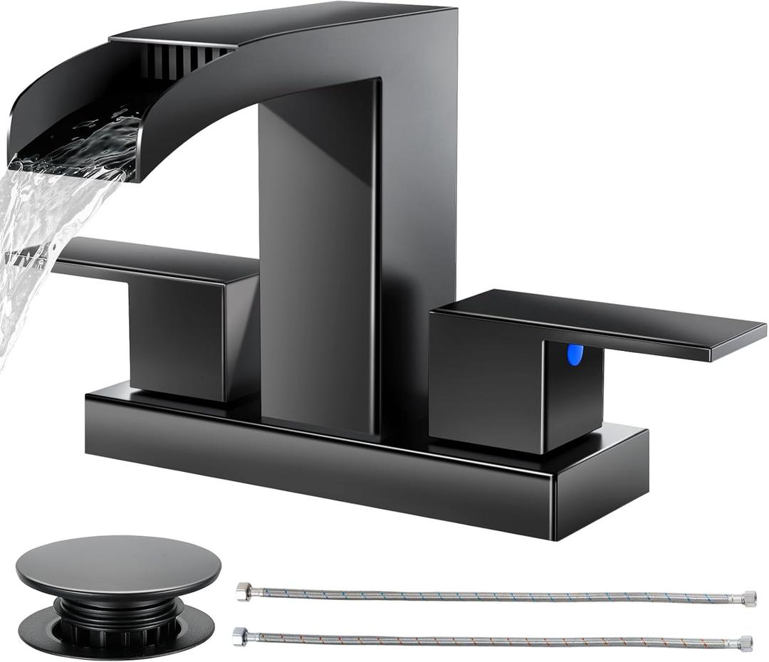 Cobbe Waterfall Bathroom Faucets 3 Hole, Matte Black Bathroom Sink Faucet Square 4 Inch Centerset with Pop-Up Drain, 2 Handle and 2 Supply Hoses, Lead-Free Stainless Steel for Vanity Sink Rv