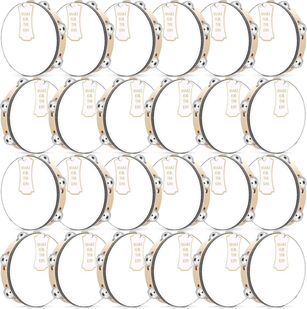 24 Set 8 Inch Tambourine for Adults Wooden Hand Held Drum with Metal Jingles, Gift Tags, White I Love You Printed Ribbon Percussion Gift Musical Instrument for Church Wedding Party favor(Black)