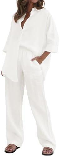 RAISECOM Women's 2 Piece Outfits Sets Button Down Half Sleeve Shirts and Long Pants Summer Casual Vacation Loungewear,M