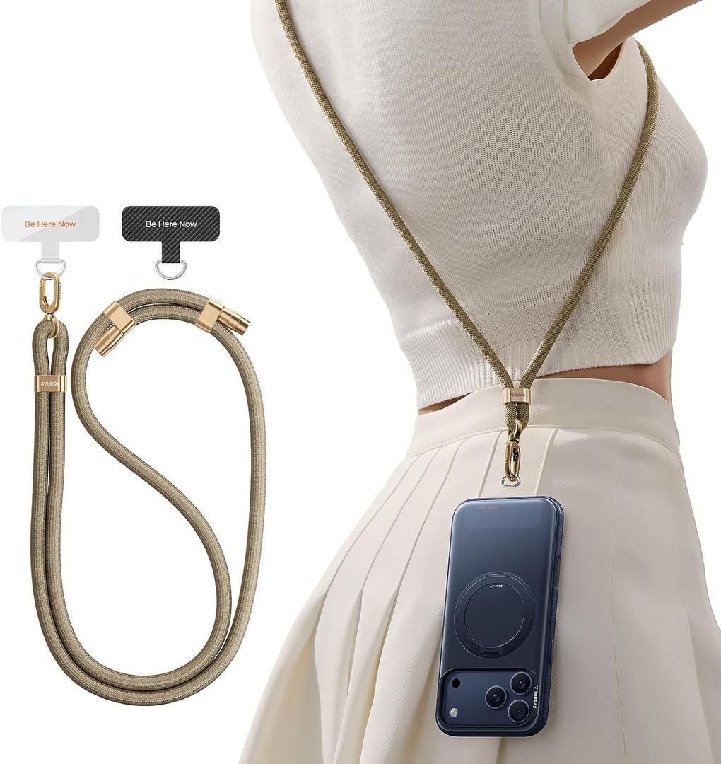 TORRAS Phone Lanyard Crossbody with 2 Phone Tabs, Adjustable Anti Theft Phone Strap for iPhone 17 Pro Max, Premium Metal Buckles, Universal Cell Phone Neck lanyard for Women and Men, Khaki