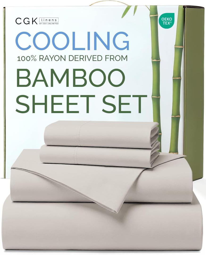 100% Rayon Derived From Bamboo - Bamboo Sheets Queen Size - Cooling Sheets for Queen - Soft, Breathable & Hotel Luxury Bedding - 1 Flat & 1 Fitted & 2 Pillowcases w/ 18 Inch Deep Pockets - Light Grey