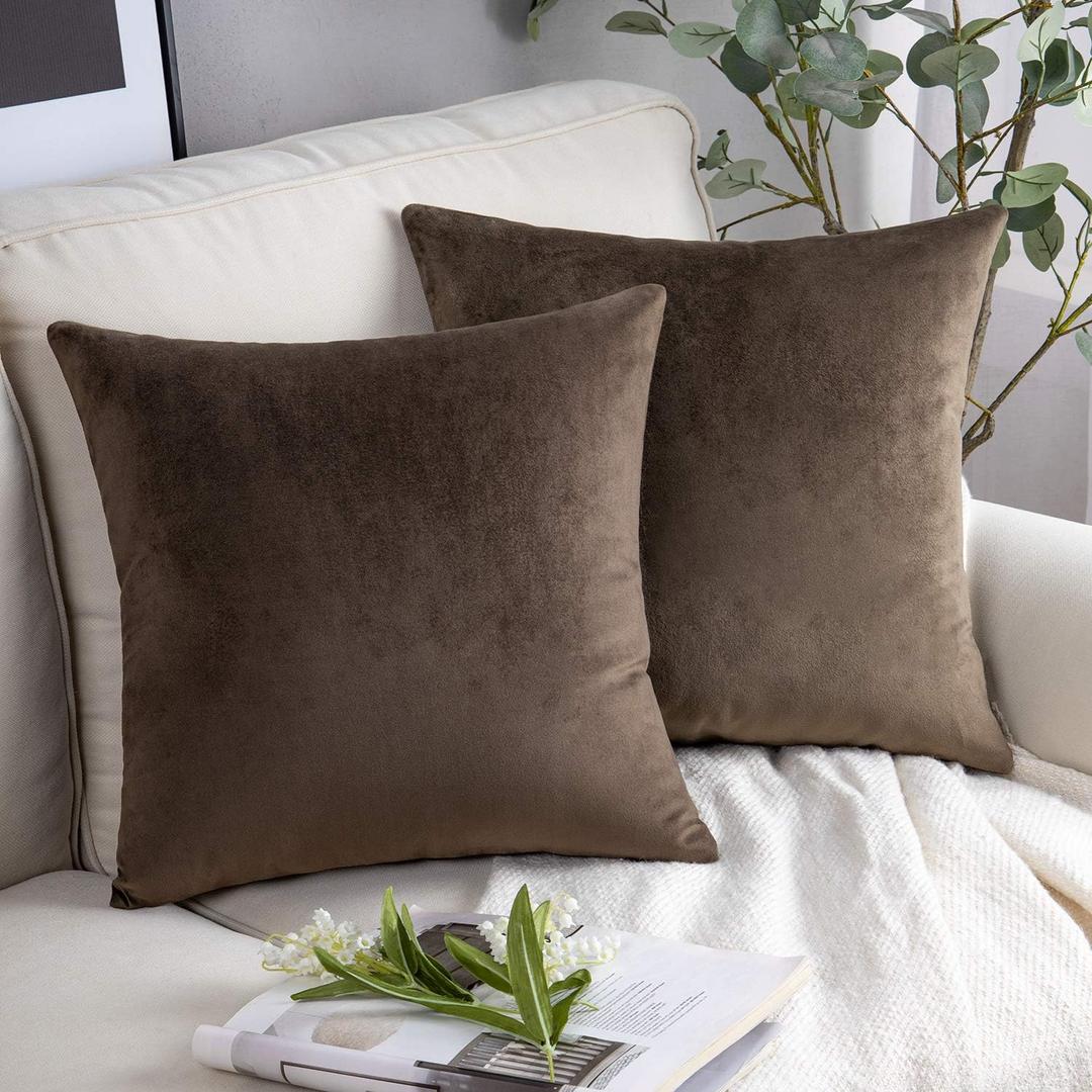 Phantoscope Pack of 2 Velvet Decorative Throw Decorative Pillow Cover Soft Solid Square Cushion Case for Couch Dark Coffee 20 x 20 inches 50 x 50 cm (20" x 20" (Pack of 2), Dark Coffee)