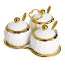 Golf Porcelain Sugar Bowl Condiment Pot Salt Container with Lid, Spoon and Tray, Set of 3, Modern Spice Box Seasoning Jar, White and Gold