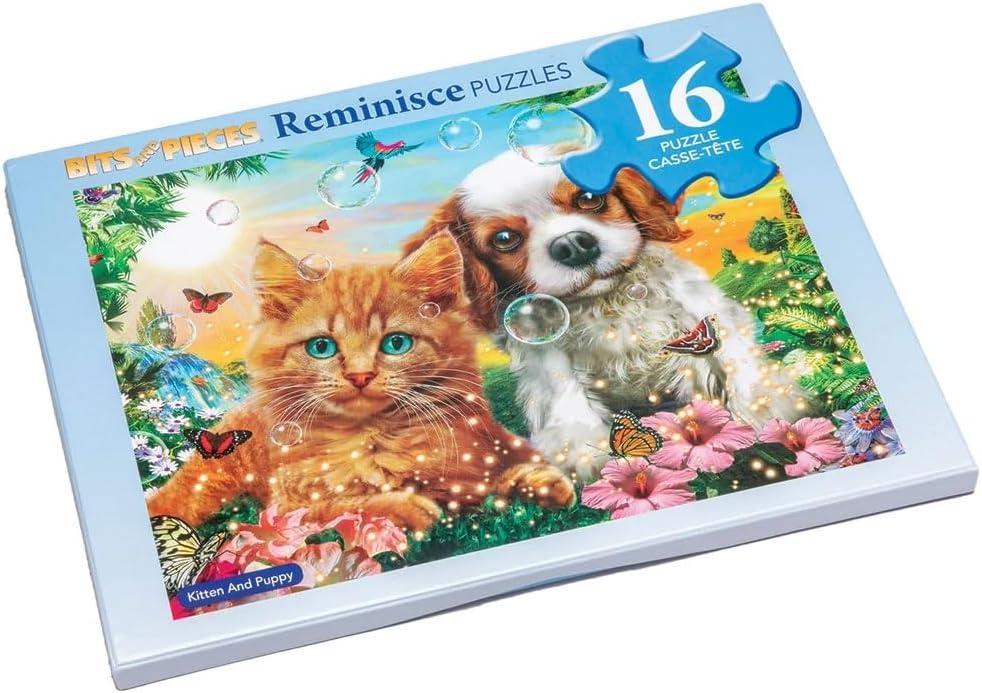 Bits and Pieces Large Piece Puzzles for Seniors, 10 in. x 13 in. Kitten and Puppy Puzzle - 16 pc Extra Large Pieces Puzzles for Dementia Seniors, Alzheimer Puzzle Memory Aids