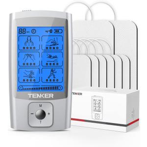 TENKER TENS Unit Muscle Stimulator, 24 Modes EMS Machine for Pain Relief Therapy/Pain Management, Rechargeable Electronic Pulse Massager with 2"x2" and 2"x4" Electrode Pads (Silver) (Sliver)