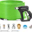 Tool Daily Sewer Jetter Kit for Pressure Washer 100 FT, Short Power Washer Gun, Drain Cleaner Hose 1/4 Inch NPT, Corner, Rotating and Button Nose Sewer Jetting Nozzle, 3600 PSI (Green)