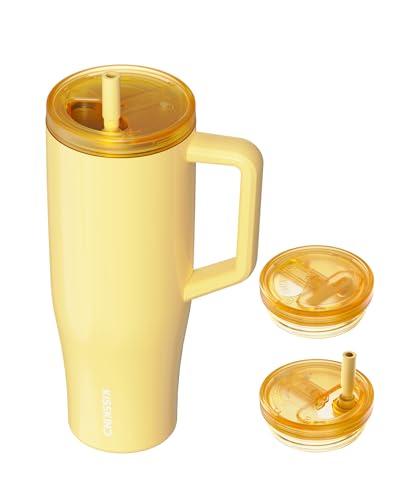 KISSKIND 40 oz Lumispin Tumbler with Handle and Hidden Straw, 100% Leak Proof Water Cup with Handle, Insulated Water Bottle for Travel, Mom, Nurse, Teacher, Student, Butter Yellow