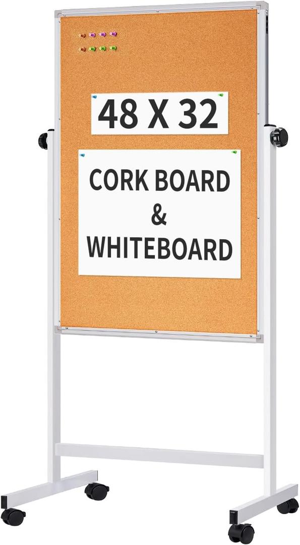 Maxtek Mobile Whiteboard and Cork Board Combo 48 x 32 in, Height Adjustable