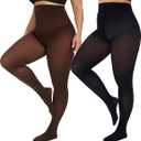 CozyWow Plus Size Tights for Women 80D Soft Solid Color Semi Opaque Pantyhose High Waist DarkBlue/Brown-3XL