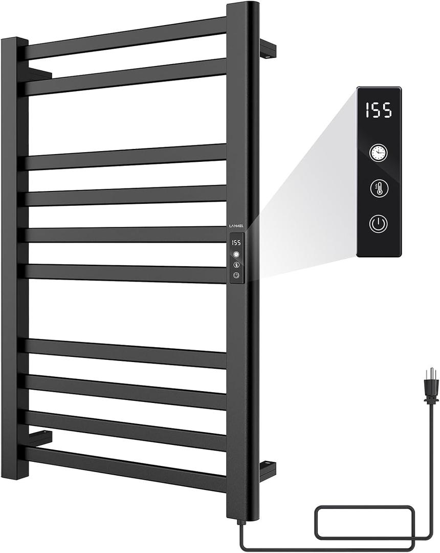 LANMEL Towel Warmers for Bathroom, Wall Mounted Heated Towel Dryer Rack | 33.9" 10 Bars Black – IPX6, Touch Display, 24hr Timer & Temp Control. Perfect for Home Use: Bathrobes, Blankets, PJ's & More.