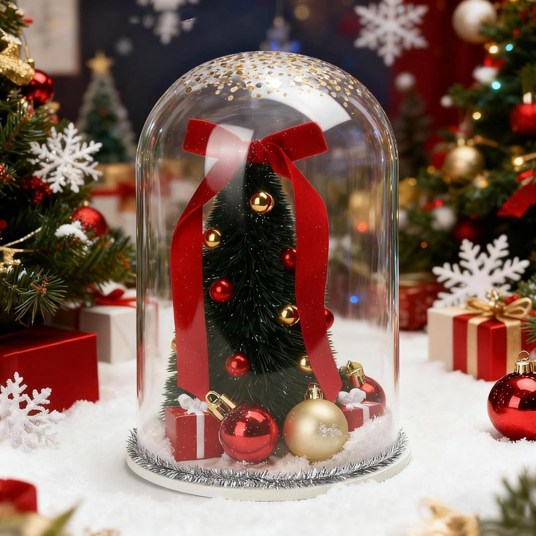 Christmas Decorations Table Centerpieces, Christmas Tree with Ornaments in Dome Cloche, Xmas Winter Tabletop Decor for Tiered Tray Shelf Mantel Fireplace Coffee Table Office Desk Holiday Decoration (Gifts)
