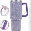 40 oz Tumbler with Handle and Flip Straw Lid, Insulated Leak Proof Double Walled Stainless Steel Rhinestone Diamond Studded Bling Travel Mug Tumblers, Maintains Cold Ice and Heat for Hours (Purple1)