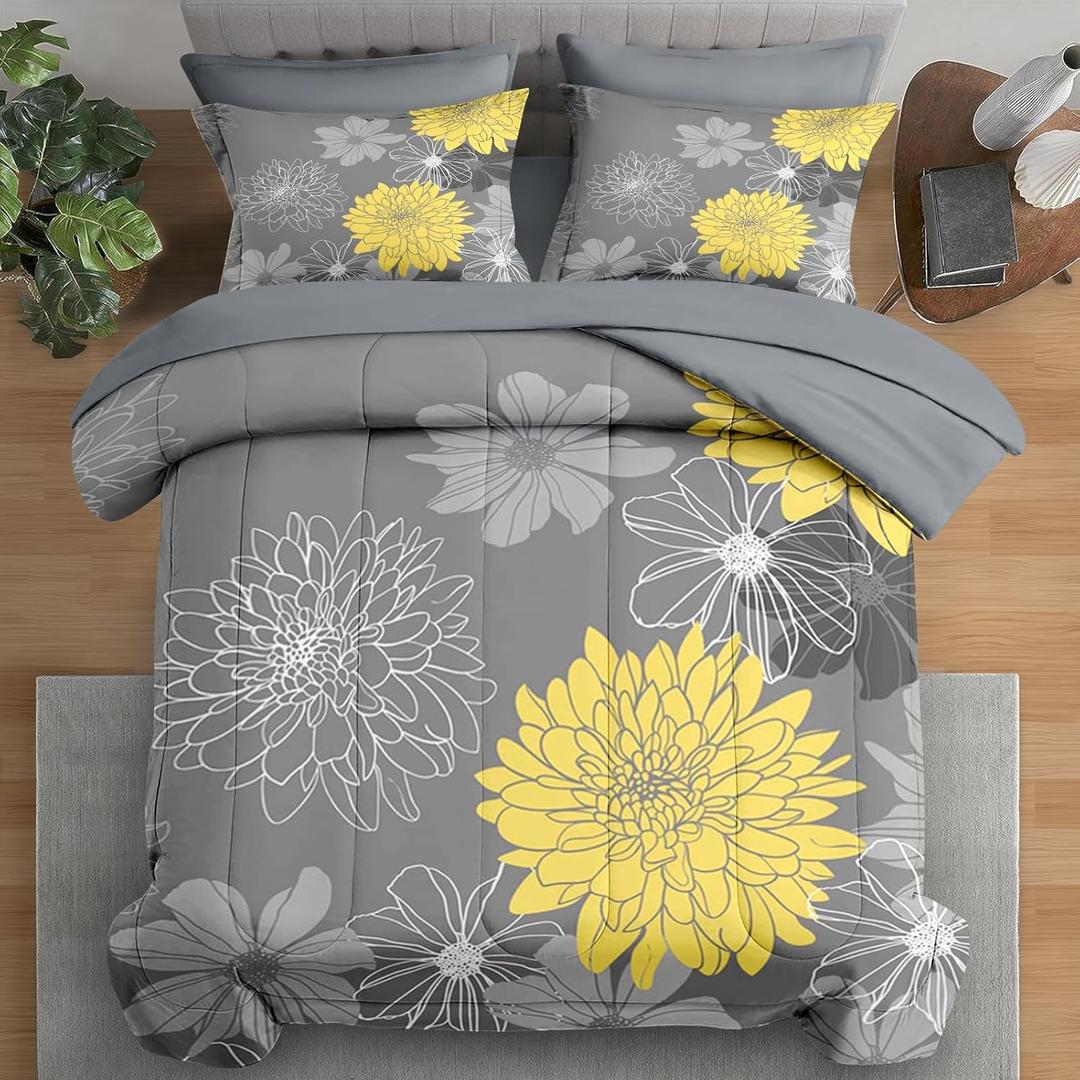Comforter Set Full Size, Vintage Summer Flower Bedding Set for Kids and Adults, Yellow Botanical Floral Bed Sheet Sets with Fitted Sheet 2 Pillowcases & 2 Shams