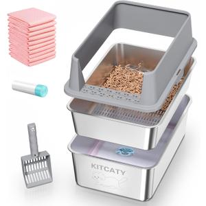 Stainless Steel Sifting Litter Box, for Pine Wood Pellet Cat Litter, XXL Metal Cat Litter Boxs with Lid, 23.6''X15.7''X14'' High-Sided Litter Box,Leak-Proof,Easy to Clean, with Scoop, Urine Pad, Liner