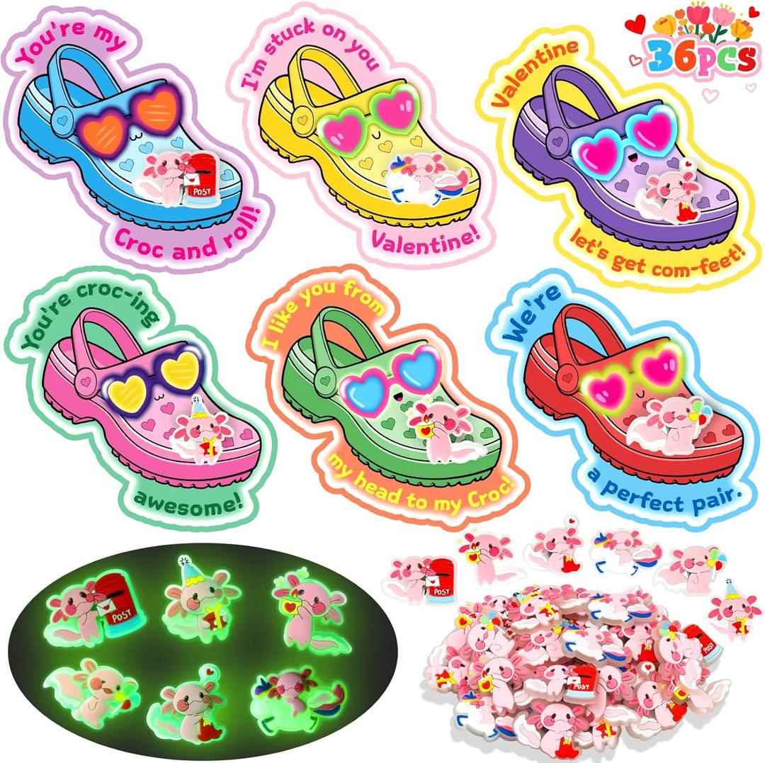 Valentines Day Cards for Kids School - 36 Pcs Valentines Gifts for Kids with Axolotl Shoe Charms Bulk, Funny Valentine Exchange Cards for Boys Girls Toddler Class Classroom Gift Party Favors