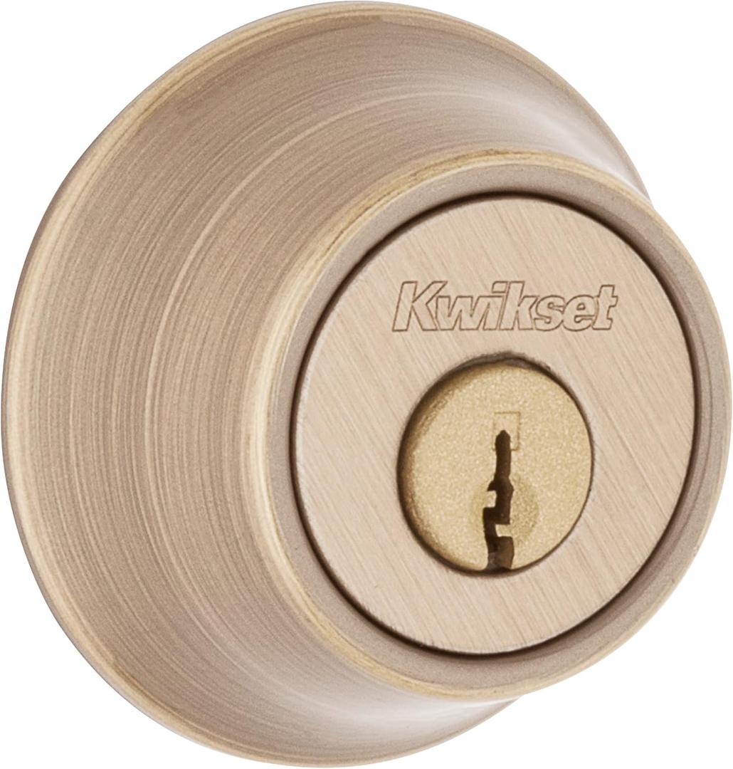Kwikset 660 Deadbolt Deadbolt Lock, Antique Brass Round Exterior Keyed Front Entry Door, Pick Resistant SmartKey Rekey Security, Single Cylinder Dead Bolt, with Microban Protection