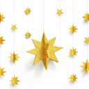 4 Pcs Gold 3D Glitter Star Garland Twinkle Bunting Gold Stars Paper Banner Hanging Banner for Birthday Wedding Bridal Baby Shower Holiday Valentines Day Ramadan Eid Mubarak Party Supplies