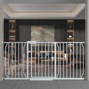 TSAYAWA Extra Wide Walk Through Baby Gate with Door, 62-67 Inch Wide Presure Mounted No Drill Metal Auto Close Child Gate for Stair Doorway - Indoor Outdoor Safty Gate for Toddler Dog Doggie, White