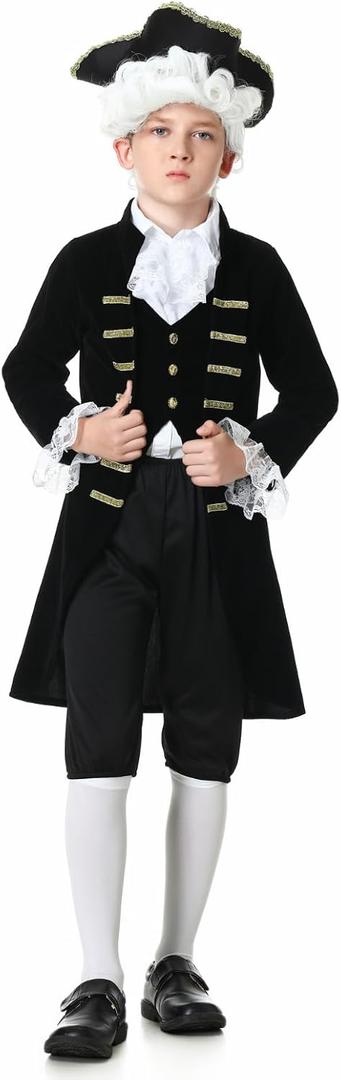 LMYOVE Colonial Costume for Boy, George Washington Costume Set, Historical Founding Fathers Halloween Outfit 6PCS (L(7-9Y), Black)