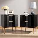SICOTAS White Night Stand Set 2, Fluted Glossy Nightstand with 2 Drawers, Wide Modern Storage Bedside Table for Bedroom, End Side Table with Golden Metal Legs and Handles (Black, 2 Pieces)