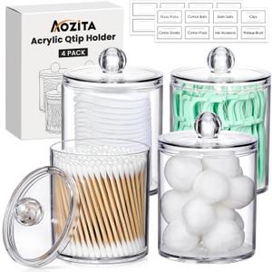 4 Pack Acrylic Qtip Holder Dispenser for Cotton Swabs, Balls, Pads, Floss Picks- Small Clear Acrylic Canister Apothecary Jar Set, Bathroom Essentials Accessories Decor, Vanity Makeup Storage Organizer