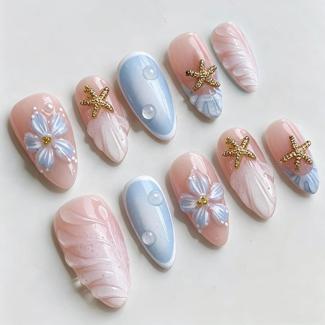 Luxury Press on Nails Medium Almond Handmade 3D Unique Reusable ABS Material Fake Nails French Tip False Nails with Designs Starfish Blue Floral Art Petal Glossy Glue on Thick Acrylic Nails(S)