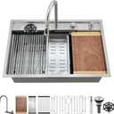 33 Inch Drop In Waterfall Kitchen Sink Workstation-VASOYO 33x22 Inch Drop In Kitchen Sink Stainless Steel 16 Guage Multifunction Single Bowl Deep Kitchens Sinks with Faucet and Cup Washer