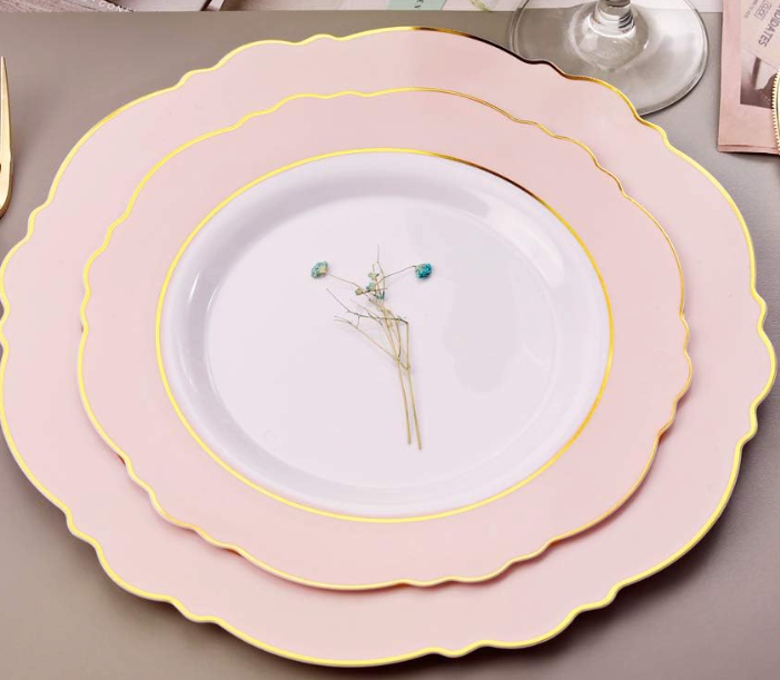 WDF 100pcs Pink Plastic Plates - High-end Baroque Design - Pink and Gold Plates for Upscale Party & Baby Shower - Including 50 Pink Disposable Plates 10.25inch, 50Salad Plates 7.5inch