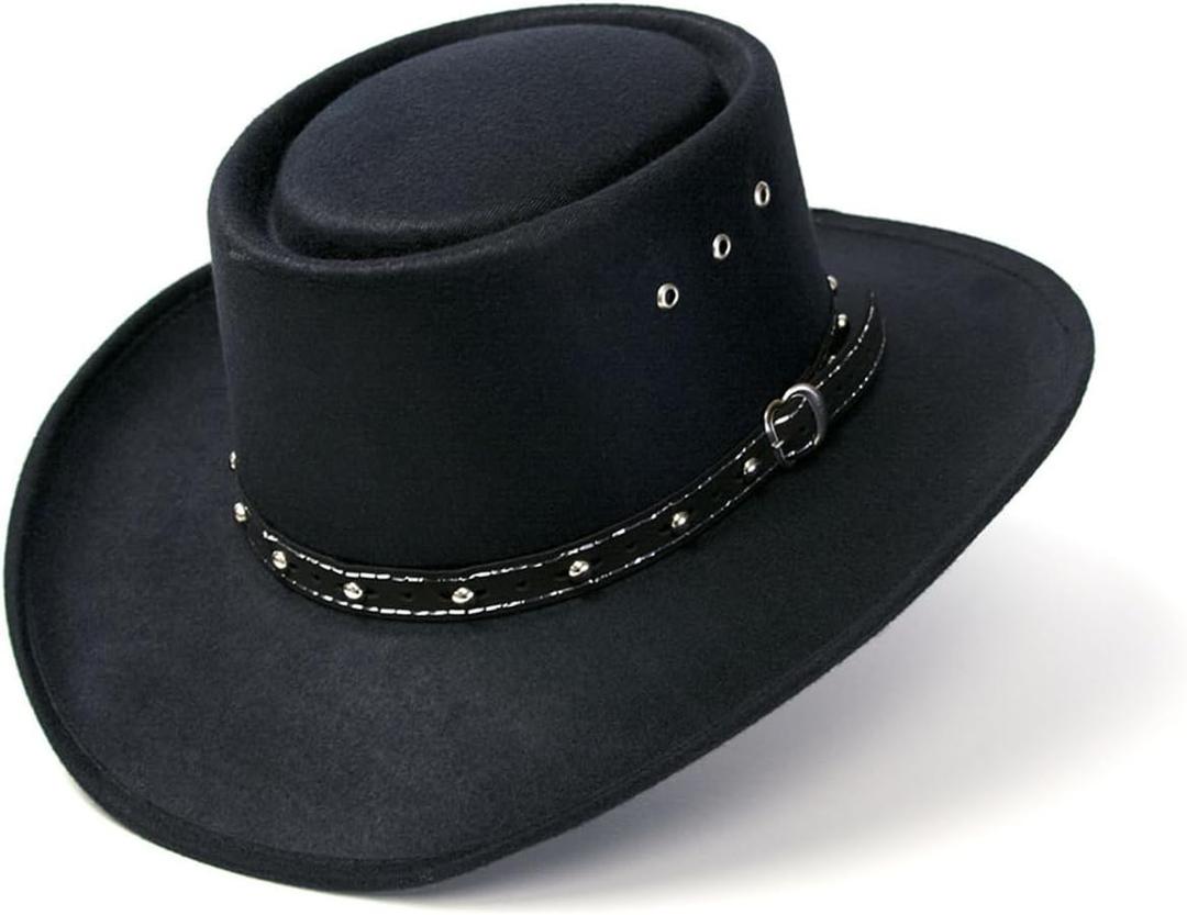 Western Faux Felt Gambler Cowboy Hat -Black L/ XL (Elastic Band)