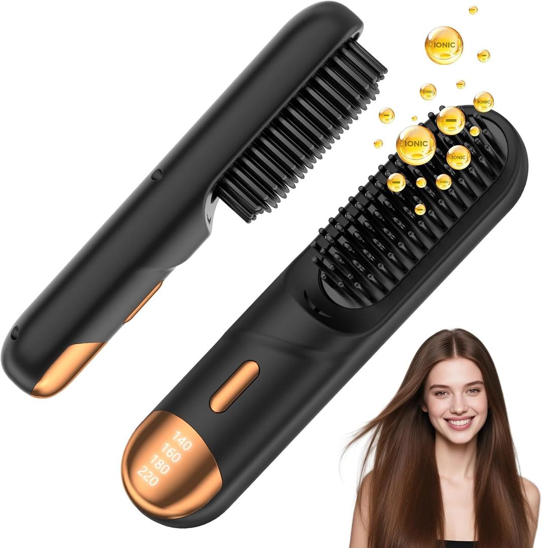Go Brush Pro 2026 Hair Straightener Brush 300 Million Negative Ionic Portable Hair Straightener Comb for Women with 4 Temps Fast Heating MCH Ceramic Coating Smooth Frizz - Free Hair Shining Black