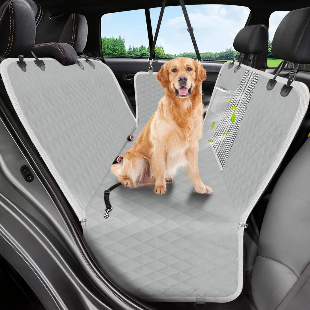 Dog Car Seat Cover, 600D Heavy Durable Dog Seat Cover for Back Seat, 100% Waterproof Scratch Proof Nonslip Dog Hammock for Car with Side Flap, Pet Back Seat Covers for Cars with SeatBelt Gray (Standard (53.9*57.9 ))
