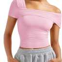 SUUKSESS Women One Off The Shoulder Summer Tank Tops Ruched Short Sleeve Shirts (Large, #1 Pink)