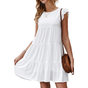 KIRUNDO Women's Summer Dresses Sleeveless Ruffle Sleeve Round Neck Solid Loose Short Flowy Pleated Mini Babydoll Dress,  Color: White, Size: Small