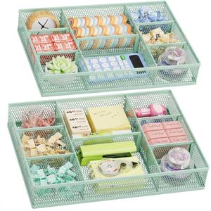 Marbrasse 2 Pack Desk Drawer Organizer, Mesh Drawer Organizer Tray with 8 Adjustable Compartments, Desk Organizers and Accessories, 5 Dividers Drawer for Office Supplies, Makeup & Vanity (Green)