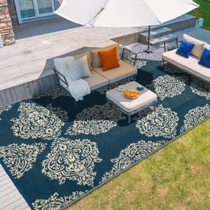 wikiwiki Outdoor Rug, 5x8ft Waterproof Reversible Mat Indoor Outdoor Rugs Carpet, Small Area Rug Plastic Straw Rug for Patio Deck Balcony Pool RV Camping Beach Picnic, Blue & Beige, Rugscape Series