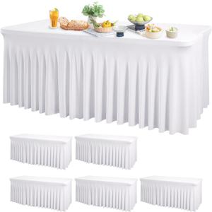 Wish Care 6 Pack White Spandex Table Clothes for 6 Foot Rectangle Tables, 6FT Wrinkle Free Fitted Tablecloths Ruffles Design Table Cover for Party, Banquet, Wedding and Events