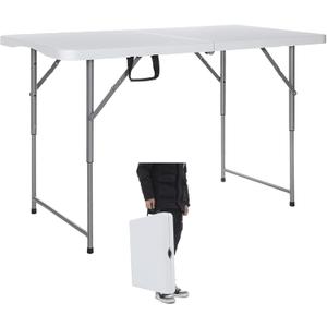Folding Table 4-Foot Heavy Duty Plastic Utility Table Portable Thick Table Top Indoor Outdoor Adjustable Height with HandleTable,Sewing table Camping Party Gathering 330lb Weight Capacity White