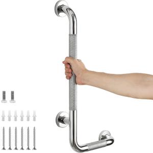 L-Shaped Grab Bars for Shower, 24x12 Inch Stainless Steel Grab Bars for Elderly for Wall Mount, Anti-Slip Knurled Grip Bathroom Safety Rail, Right