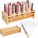 Pretzel Rod Holder and 100 Pcs Bags Plastic Clear Pretzel Sticks Stand up to 40 Rods for Wedding Birthday Treat Parties(Wooden)