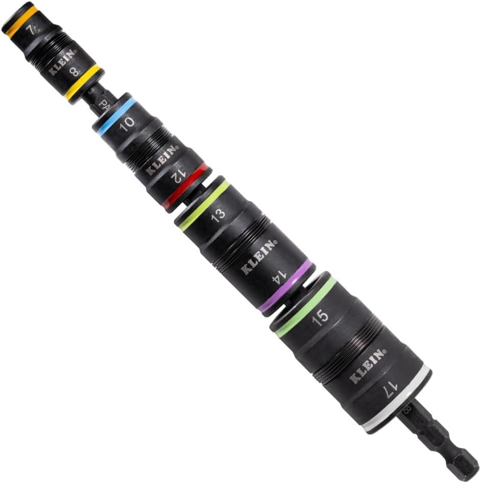 Klein Tools 32934M Impact Driver, 8-in-1 Metric Socket Set, 4 Flip Sockets with 7, 8, 10, 12, 13, 14, 15 and 17mm Nut Driver Sizes, Impact Rated 6-1/2-Inch Shaft
