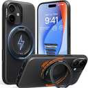 TORRAS 360 Magnetic Stand for iPhone 17 Case, [Rotatable Sturdy Kickstand][Fit for MagSafe][4X MilGrade Shockproof] Slim Translucent Phone Cover, Camera Button, Obsidian Black, Ostand O3 Fitness