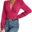 SURRO Women's Bodysuit Shirts Elegant Deep V Neck Leotard Blouses Long Sleeve Belly Hiding Tops Hook Closure S